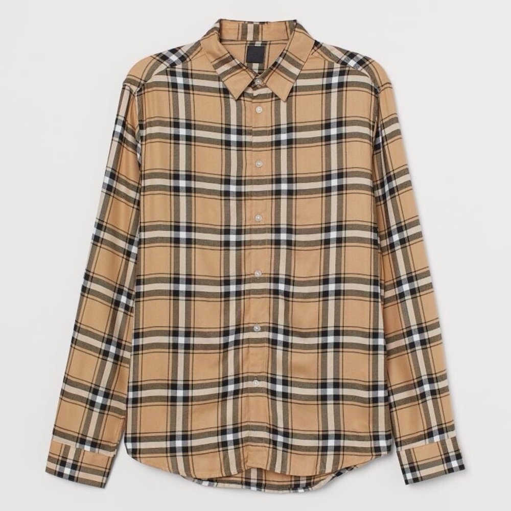 H&M Men's Beige Plaid Button Down Shirt